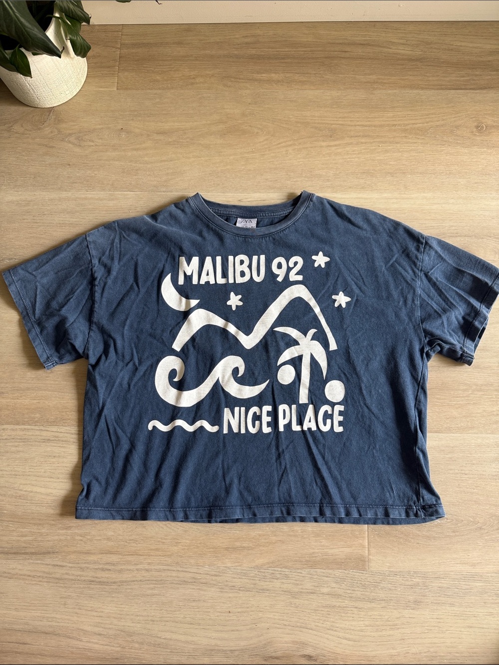 Zara Navy Blue Graphic Tee with White Malibu 92 Print